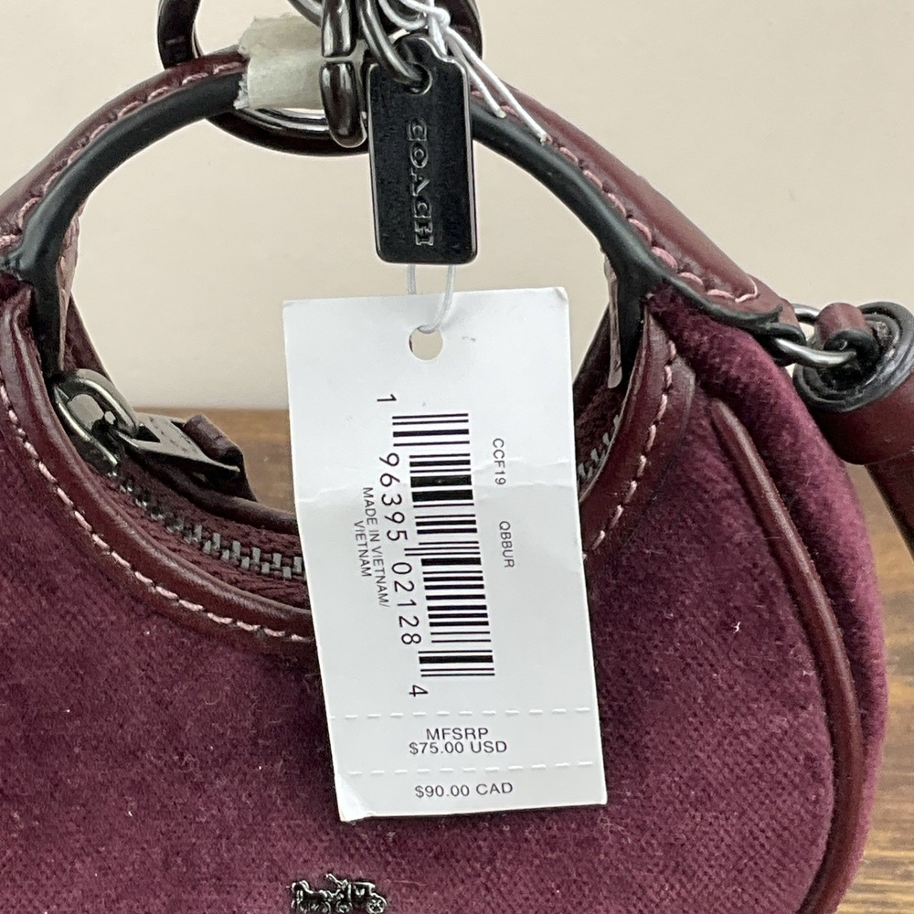 New Coach Mini Carmen Bag Charm Keychain Burgundy Velvet Leather Gunmetal CCF19 - Picture 6 of 10